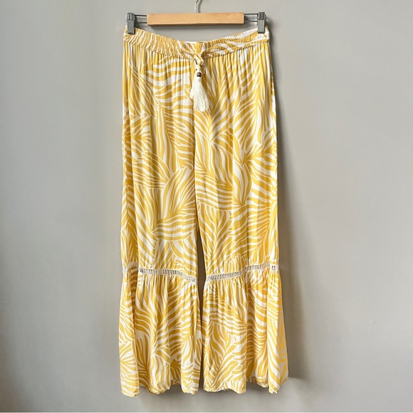 True Destinations Pants - True Destinations Pants Women's Medium Yellow Tropical Pull On Beachy Boho Flare